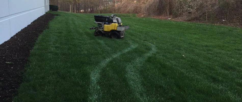 Lawn care equipment on a lawn in Statham, GA.